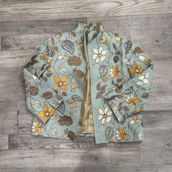 Vintage Painted Pony Linen Tapestry Floral Open Front Jacket Blazer A5 - Picture 1 of 5